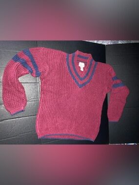 V-Neck Burgundy Knit Sweater with Navy Stripe Detail